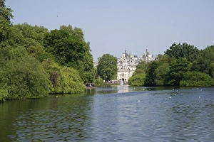 Park Prints: View across lake in urban parkland towards Horse Guards, St. Jamess Park Lake, St
