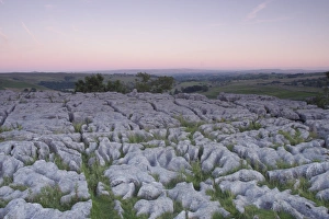 Sun Set Prints: View of limestone pavement at sunset, above Malham Cove, Malhamdale, Yorkshire Dales N. P