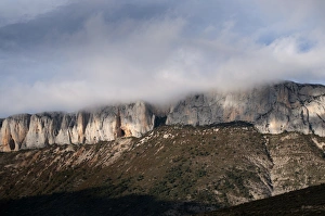Pyrenean Prints: View of low cloud over mountain cliffs, near Trem, Pyrenees, Catalonia, Spain, november