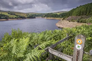 Supply Prints: View of manmade reservoir with Holme Valley Riverside Way and Yorkshire Water Permissive Path signs
