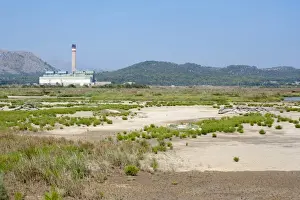 Energy Prints: View of marshland habitat with Es Murterar coal-fired powerstation in distance