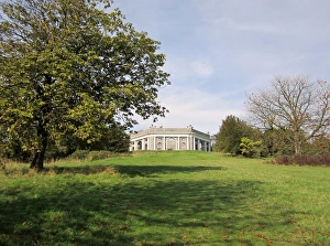 Buckingham Shire Prints: View of mausoleum on hilltop, West Wycombe Hill, Buckinghamshire, England, october