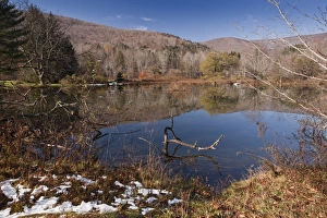 Melts Prints: View of melting snow at edge of lake in woodland habitat