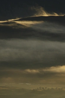 Moor Land Prints: View of mist over hills at dawn, Strathspey, Cairngorm N. P. Highlands, Scotland, december
