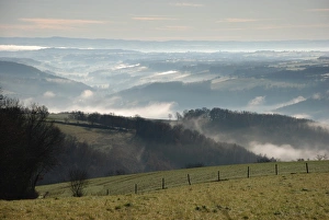 Mists Prints: View of mist shrouded valley, Tarn, Midi-Pyrenees, France, january