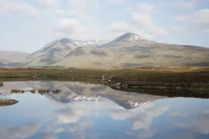 Peak Prints: View of moorland landscape with mountains reflected in freshwater loch