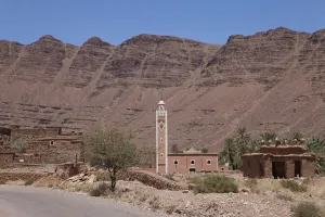 Moroccan Prints: View of mosque minaret in Berber village, High Atlas, Morocco, may