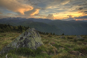 Pyrenees Prints: View of mountain plateau at sunset, Plateau de Beille, Pyrenees, Ariege, France, may