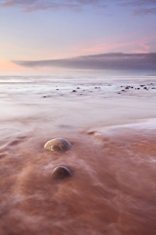 Pebbles Prints: View of pebbles on beach with incoming tide at sunset