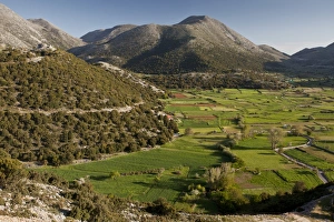 View of polje, inward-draining basin habitat, Askyfou Plateau, White Mountains, Crete, Greece, April