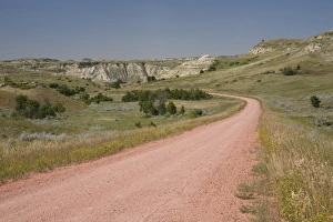 Dirt Prints: View of red scoria road in ranch country, Badlands, North Dakota, U. S. A. august