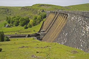 Reservoirs Prints: View of reservoir dam, Claerwen Dam, Elan Valley, Powys, Wales