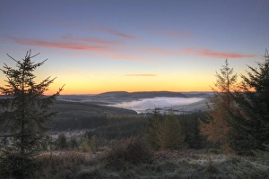 Hilly Prints: View over reservoir in mist at dawn, Llyn Clywedog, Hafren Forest, Powys, Wales, october