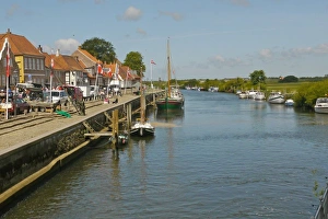 Quay Prints: View of river, boats and quay in historic town, Ribe, Jutland, Denmark, may