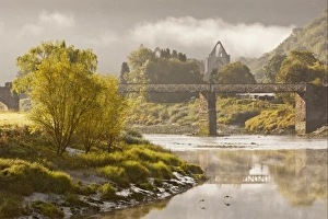 Ruined Prints: View of river, bridge and Cistercian abbey ruins at dawn