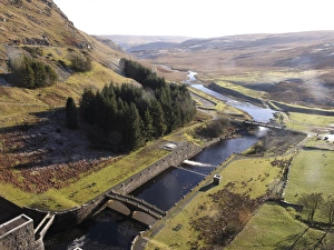 Reservoirs Prints: View of river and bridges from dam, Claerwen Dam, Elan Valley, Powys, Wales, january