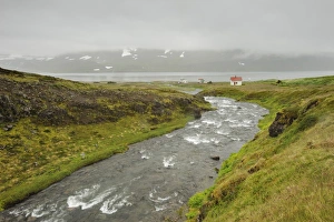 Westfjords Prints: View of river and coastline with low cloud, Hornstrandir, Westfjords, Iceland, July