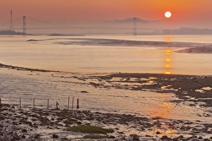 Gloucestershire Prints: View over river estuary towards suspension bridge in mist at dawn