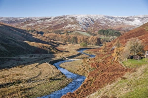 Autumnal Prints: View of river flowing through upland valley