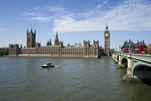 Bridges Prints: View of river with police patrol boat and bridge in city, Westminster Bridge