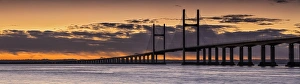 View of road bridge over river at sunrise, viewed from Sudbrook, Second Severn Crossing, River Severn, Severn Estuary
