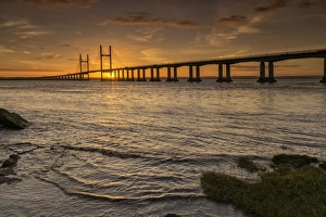 View of road bridge over river at sunrise, viewed from Divers Rock at Sudbrook, Second Severn Crossing, River Severn