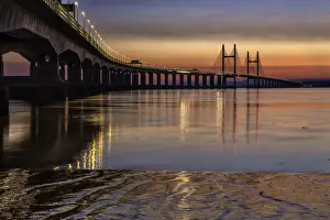 View of road bridge over river at sunset, viewed from Severn Beach, Second Severn Crossing, River Severn
