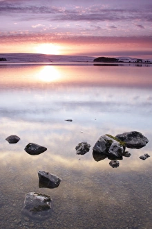 Sun Set Prints: View of rocks in glacial lake at sunset after snowfall