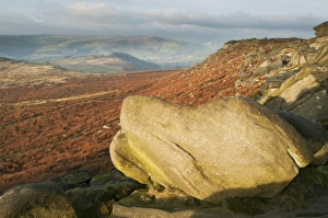 Dark Peak Prints: View of rocks and moorland habitat at sunrise