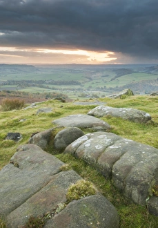 Dark Peak Prints: View of rocks and moorland habitat at sunset