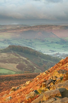 Dark Peak Prints: View of rocks and moorland habitat across valley at sunrise