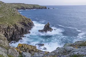 View of rocky coastline, looking towards Lands End from watchtower, Sennen Cove, Sennen, Cornwall, England, May