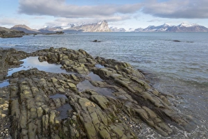 North Polar Prints: View of rocky fjord coastline with distant mountains