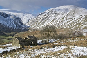 Countryside Prints: View of ruined stone barn and upland farmland in snow