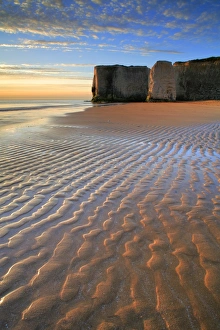 Mood Prints: View of sandy beach and chalk cliffs at sunrise, Botany Bay, Kent, England, may