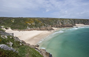 Sandy Prints: View of sandy beach and coastline, Porthcurno, Cornwall, England, May