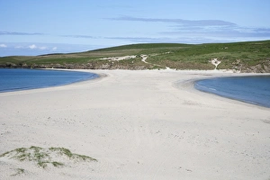View of sandy beach connecting St. Ninians Isle to Bigton, Mainland, Shetland Islands, Scotland, May