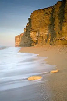 Wave Prints: View of sandy beach and sea cliffs