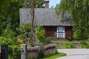 Cottages Prints: View of small cottage, Tegelsmora, Uppland, Sweden, june