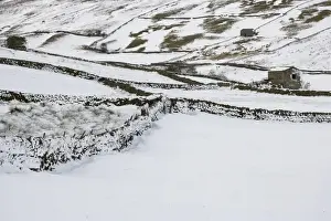 View of snow covered upland farmland with stone barns and drystone walls, near Buttertubs Pass, Swaledale