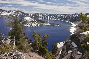 Cone Prints: View of snow on volcanic cinder cone forming island in caldera lake at 7000ft