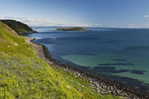 View of south coastline and island, Brosdale Island, Ardfin Estate, Isle of Jura, Inner Hebrides, Scotland