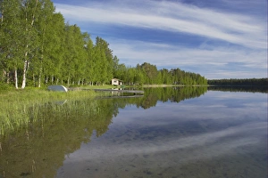 Jetty Prints: View of summer house and jetty beside lake, Finland