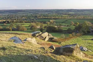 Grit Stone Prints: View of surrounding farmland, gritstone rocks and valley from Almscliff Crag rock formation
