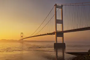 View of suspension bridge at dawn, viewed from Beachley looking towards Monmouthshire Severn Bridge, River Severn
