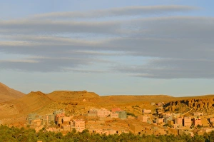 Moroccan Prints: View of town in desert oasis, Tinerhir, Ouarzazate, Morocco, january