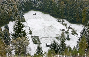 Rumania Prints: View of traditional farmland with small fields and barns