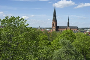 Religions Prints: View over trees towards city cathedral with spires
