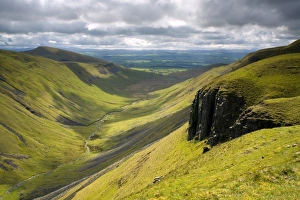 View of U-shaped valley, looking towards Eden Valley, High Cup Nick, North Pennines, Cumbria, England, may