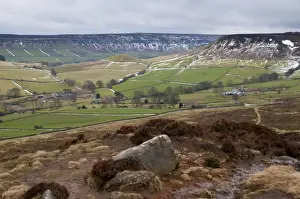 Moorland Prints: View of upland farmland and moorland habitat with patches of snow along drystone walls